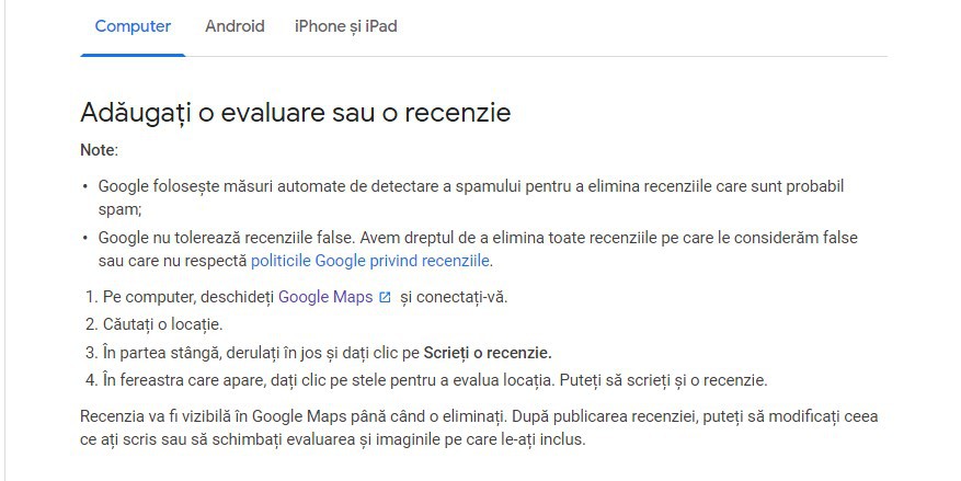 evaluare recenzie Google
